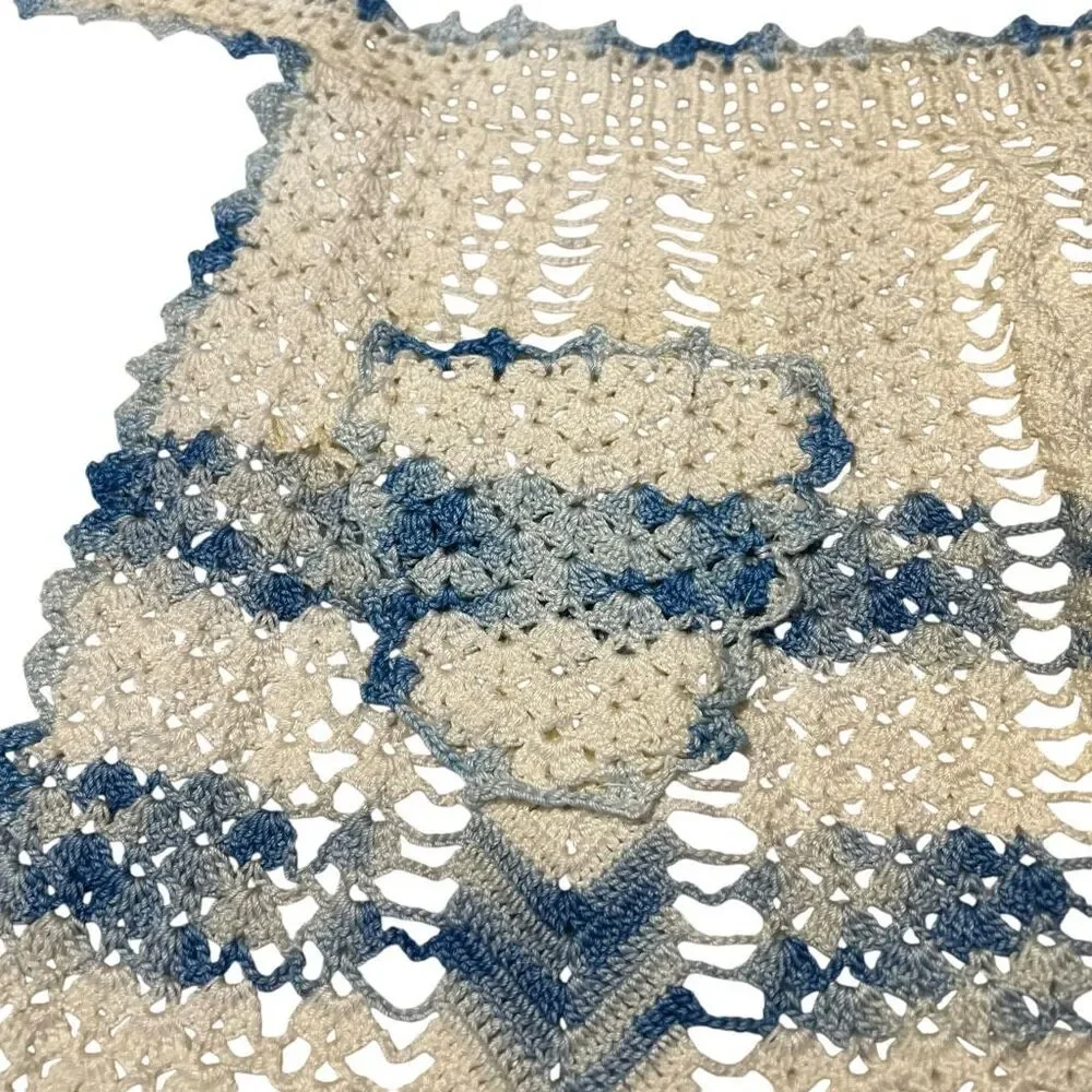 Vintage Handmade Crochet Apron With Small Pocket Blue‎ White Straps Approx 48”